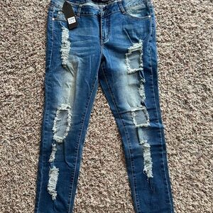 Ripped Skinny Jeans for Women - Blue Distressed Stretch Denim